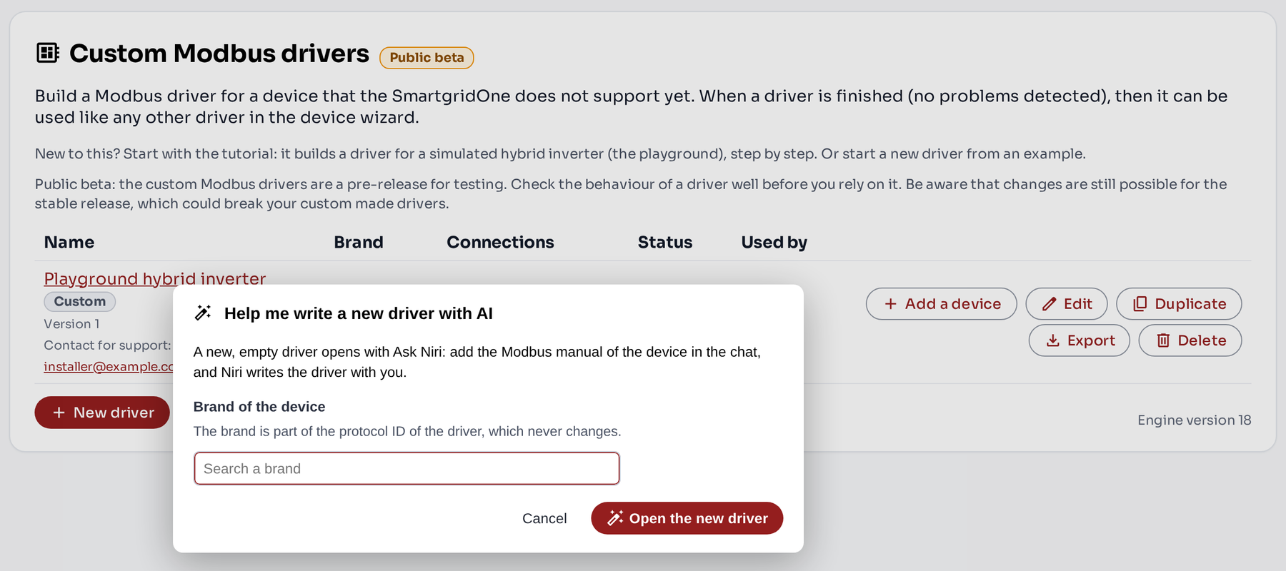 The Custom Modbus drivers list with the Help me write a new driver with AI dialog