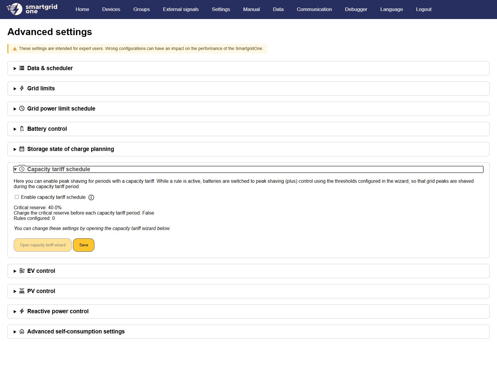 Capacity tariff schedule summary in the SmartgridOne advanced settings