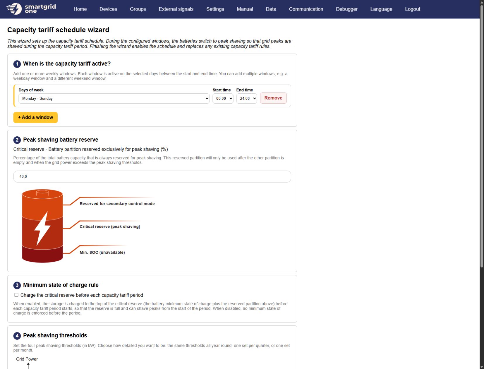 Capacity tariff schedule wizard with tariff windows, critical reserve, and pre-charging settings