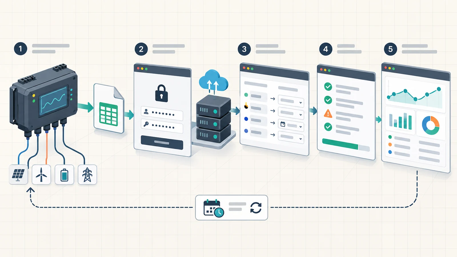 A data logger creating a structured file, transferring it securely and mapping its fields to a dashboard