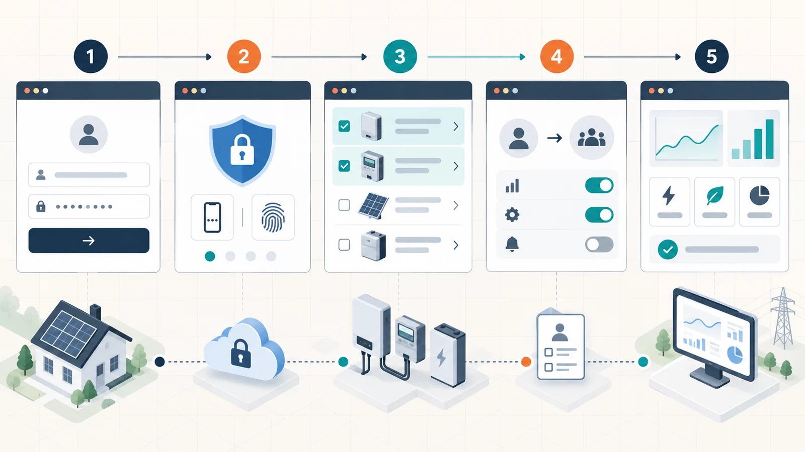 A privacy-safe portal setup flow with sign-in, multi-factor authentication, installation selection and monitoring