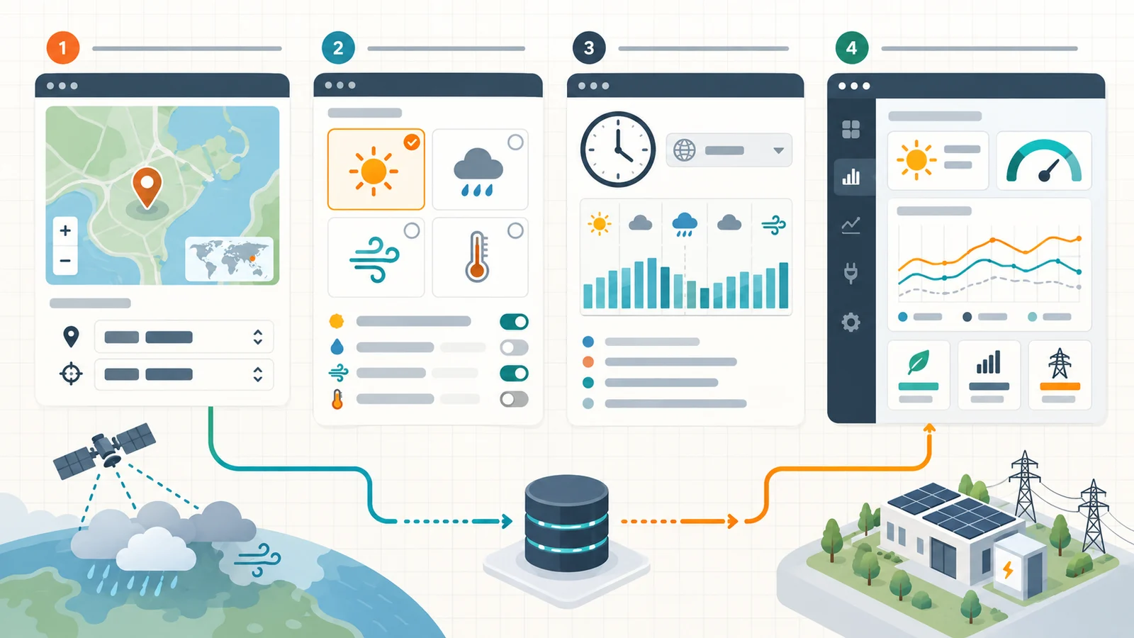 A location, weather variables, time zone and forecast series feeding an energy monitoring dashboard