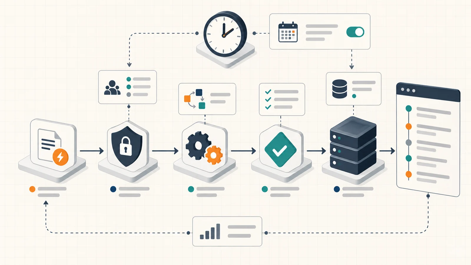 A scheduled workflow with access control, transformation, validation, execution and an audit trail
