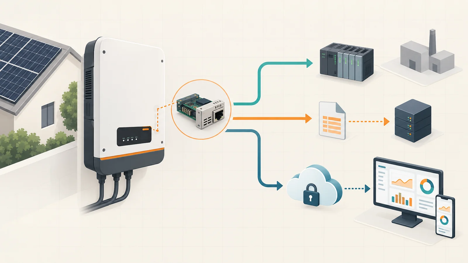A Fronius-type inverter and datamanager connected through local, file and secure cloud data routes
