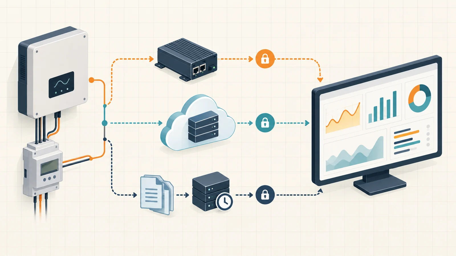 Local, cloud and scheduled data routes leading from energy assets to a monitoring dashboard
