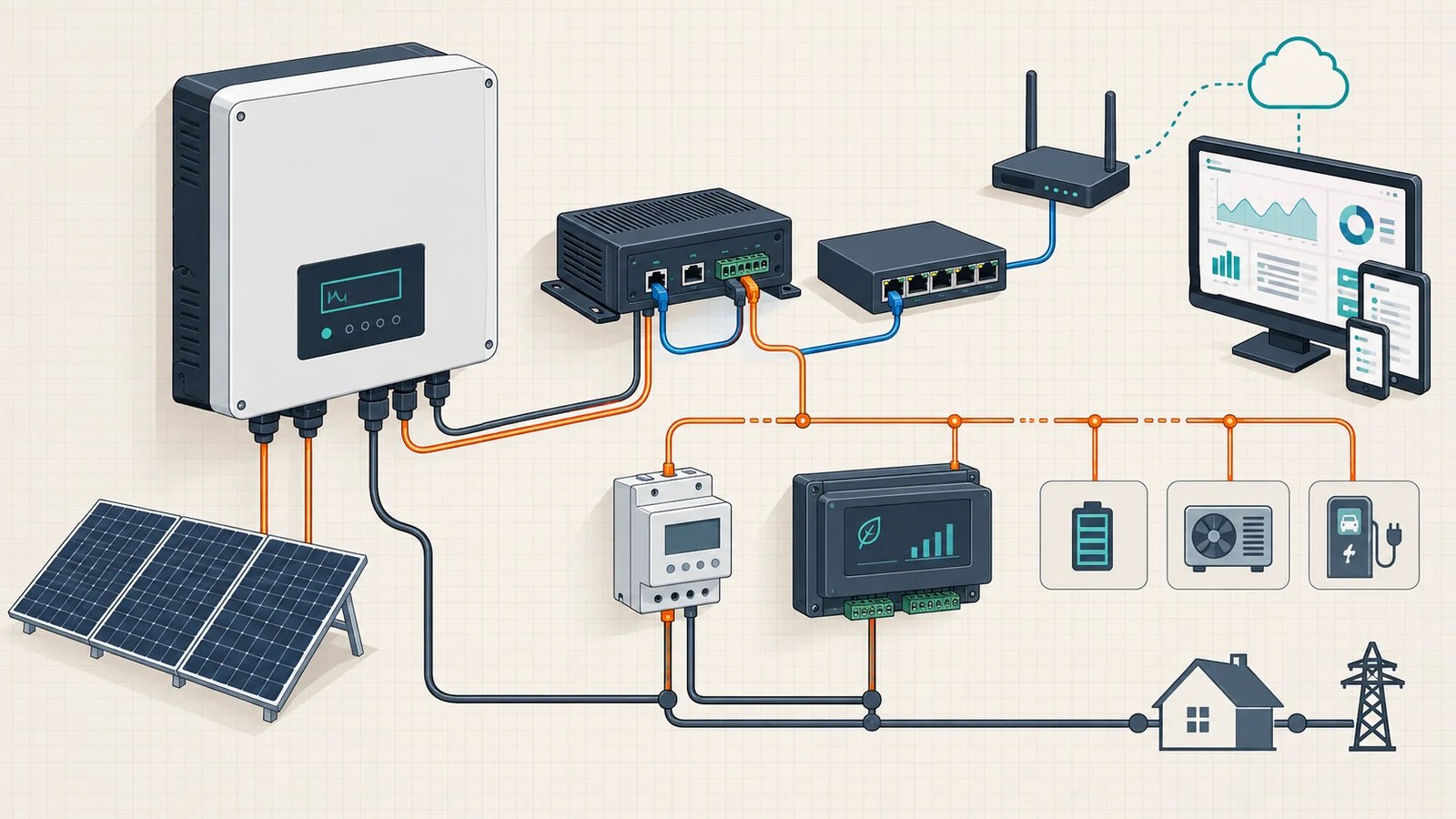 A PV inverter, data logger, energy meter and local controller connected to a monitoring dashboard