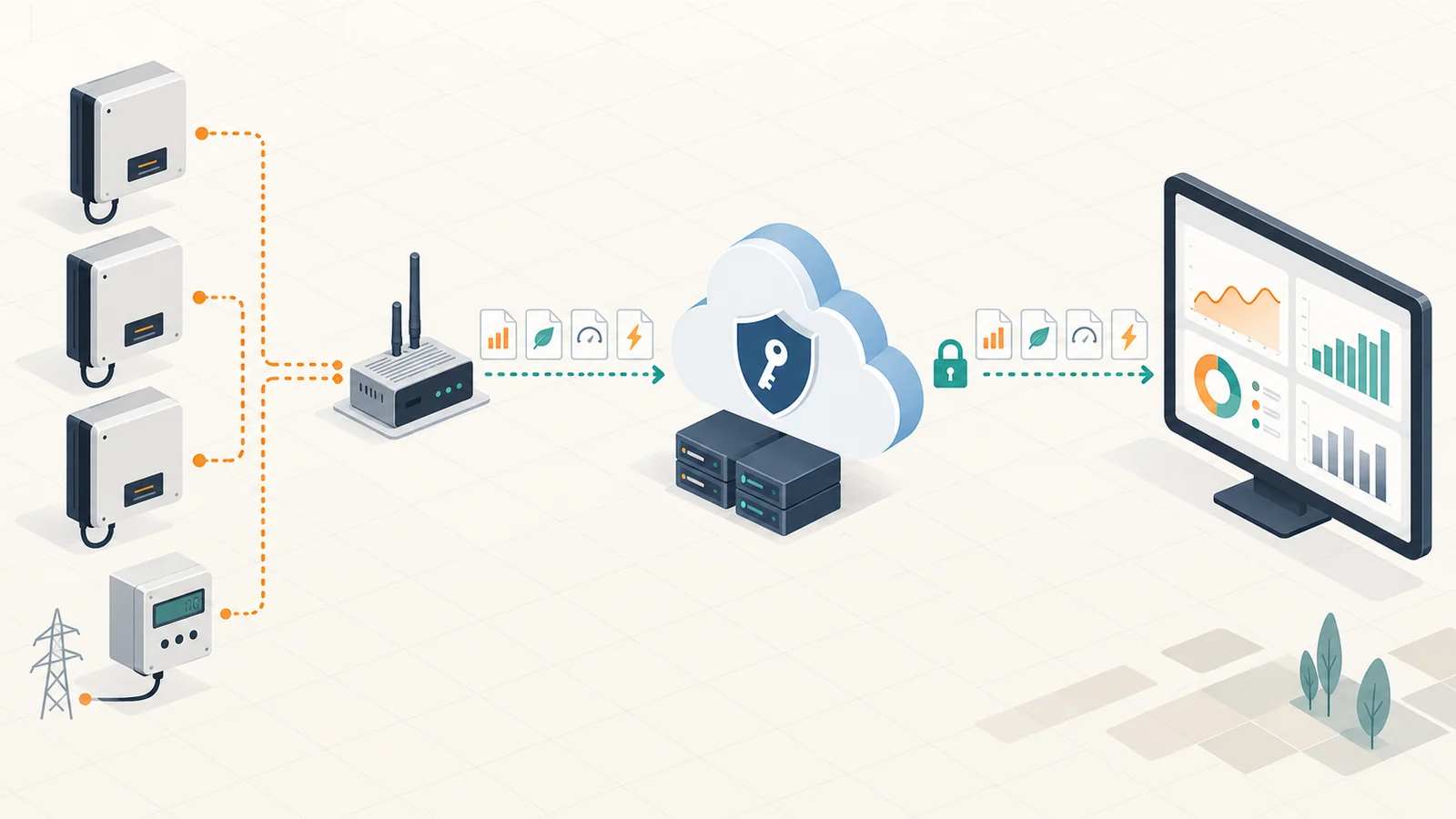 Solar inverters and a site meter sharing selected measurements through a secured manufacturer cloud API