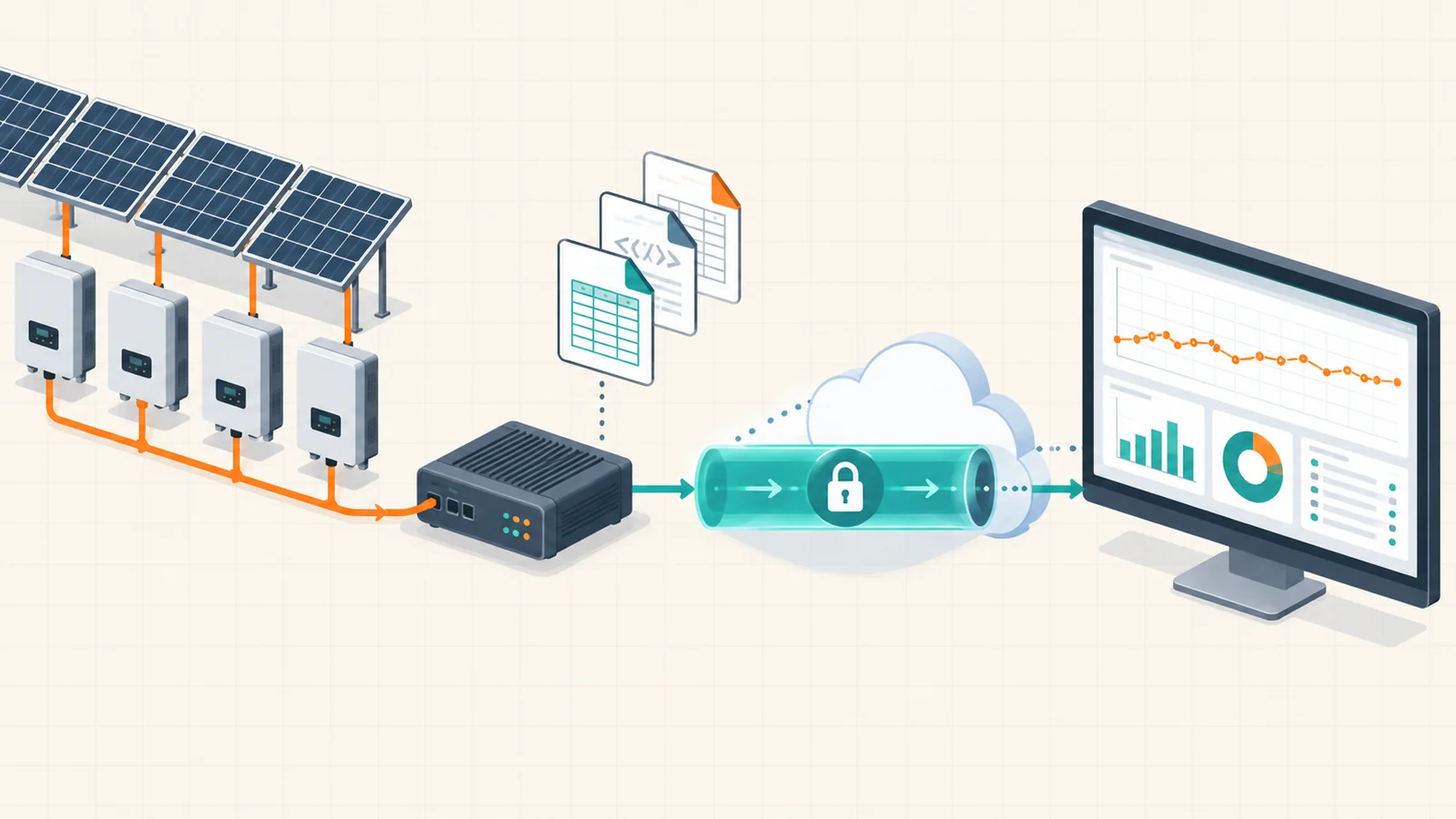 A data logger packaging solar measurements into files and transferring them securely to a monitoring dashboard