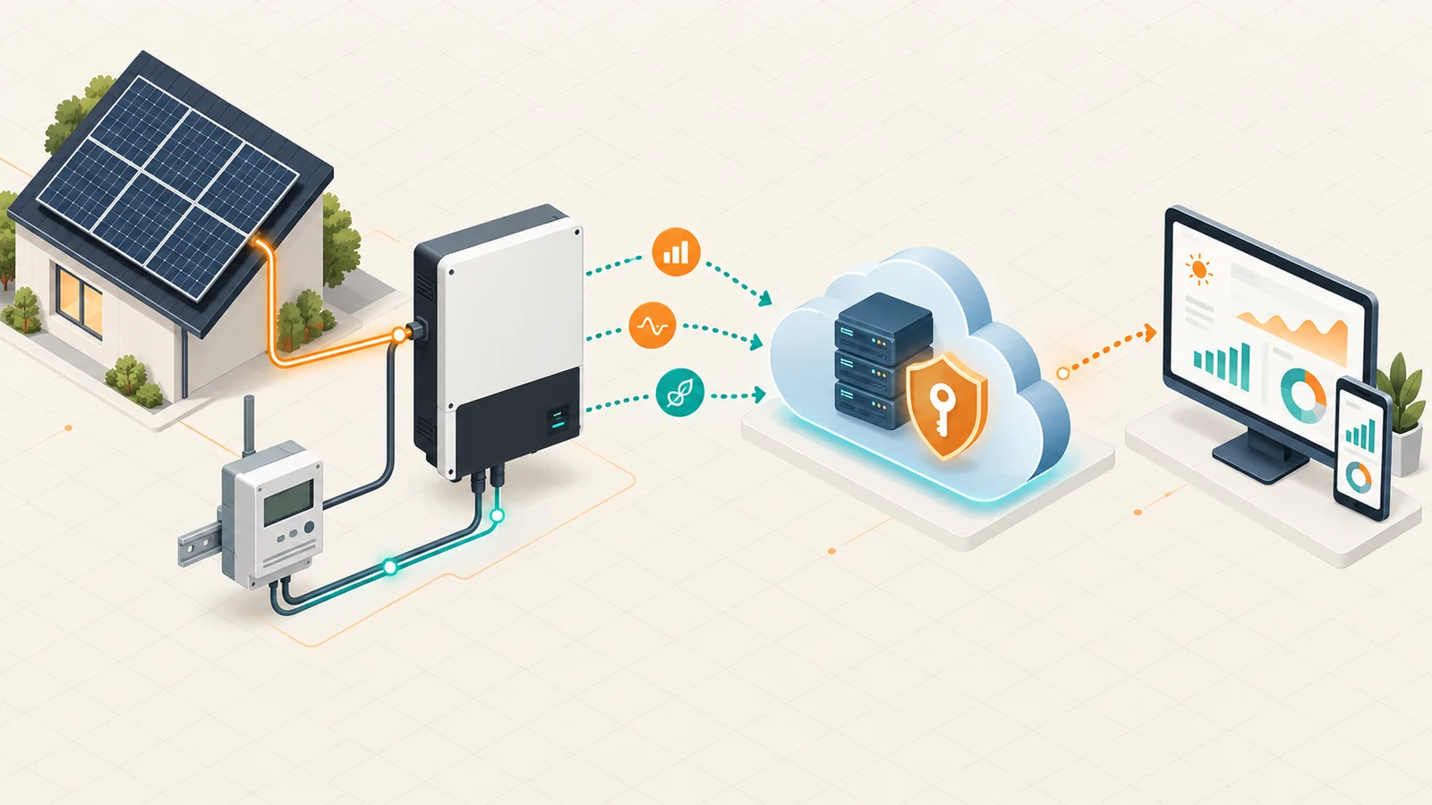 A SolarEdge-type inverter and site meter sending measurements through a secured cloud API to a monitoring dashboard