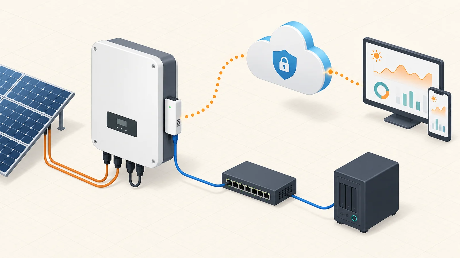 A Solis-type inverter with a Wi-Fi and LAN logger connected through a local network and a secured cloud route