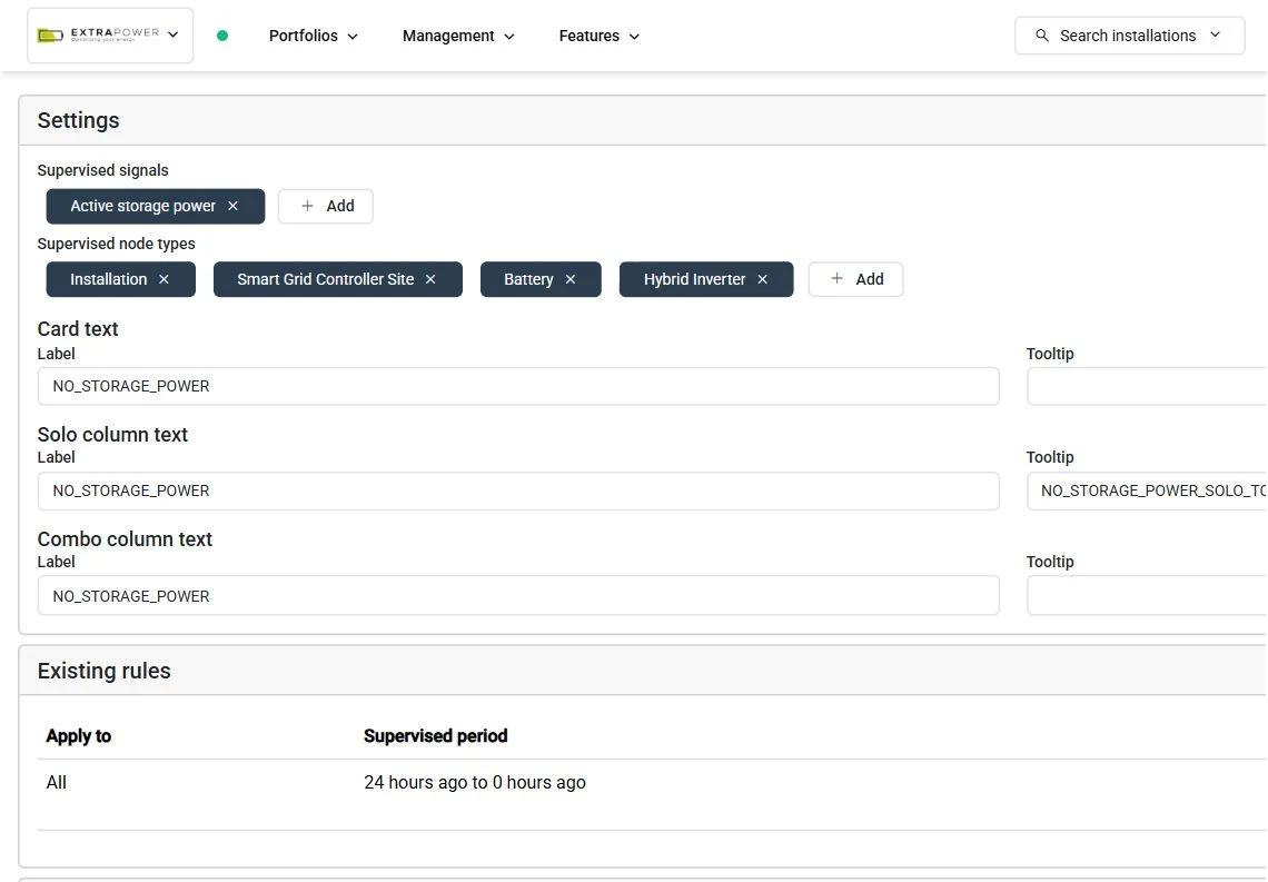 SmartgridX alarm-rule editor with supervised signals, node types, text labels, and evaluation period