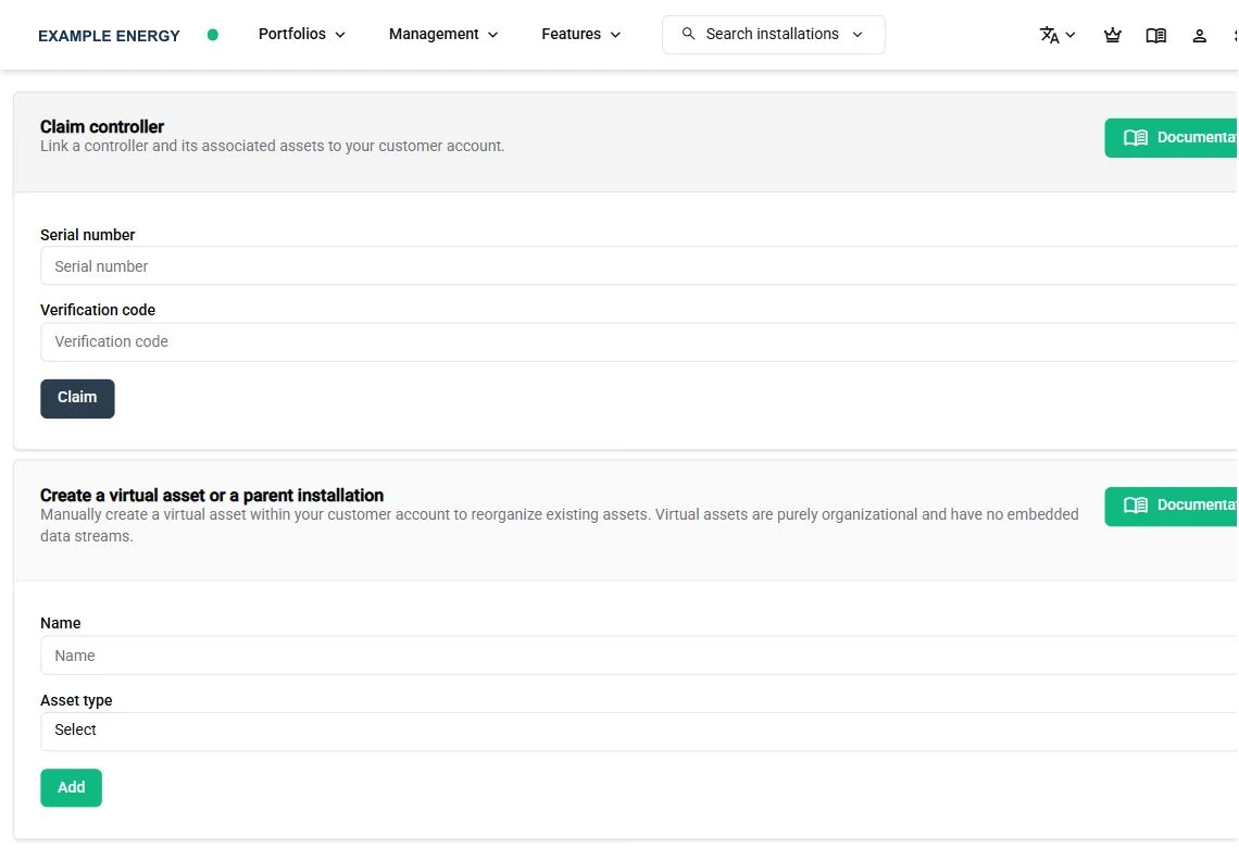 SmartgridX forms for claiming a controller and creating a virtual asset