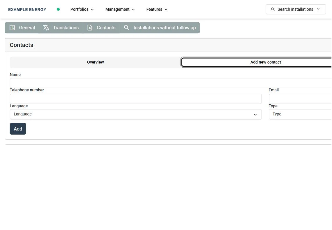 SmartgridX form for adding a reusable contact with language and contact type