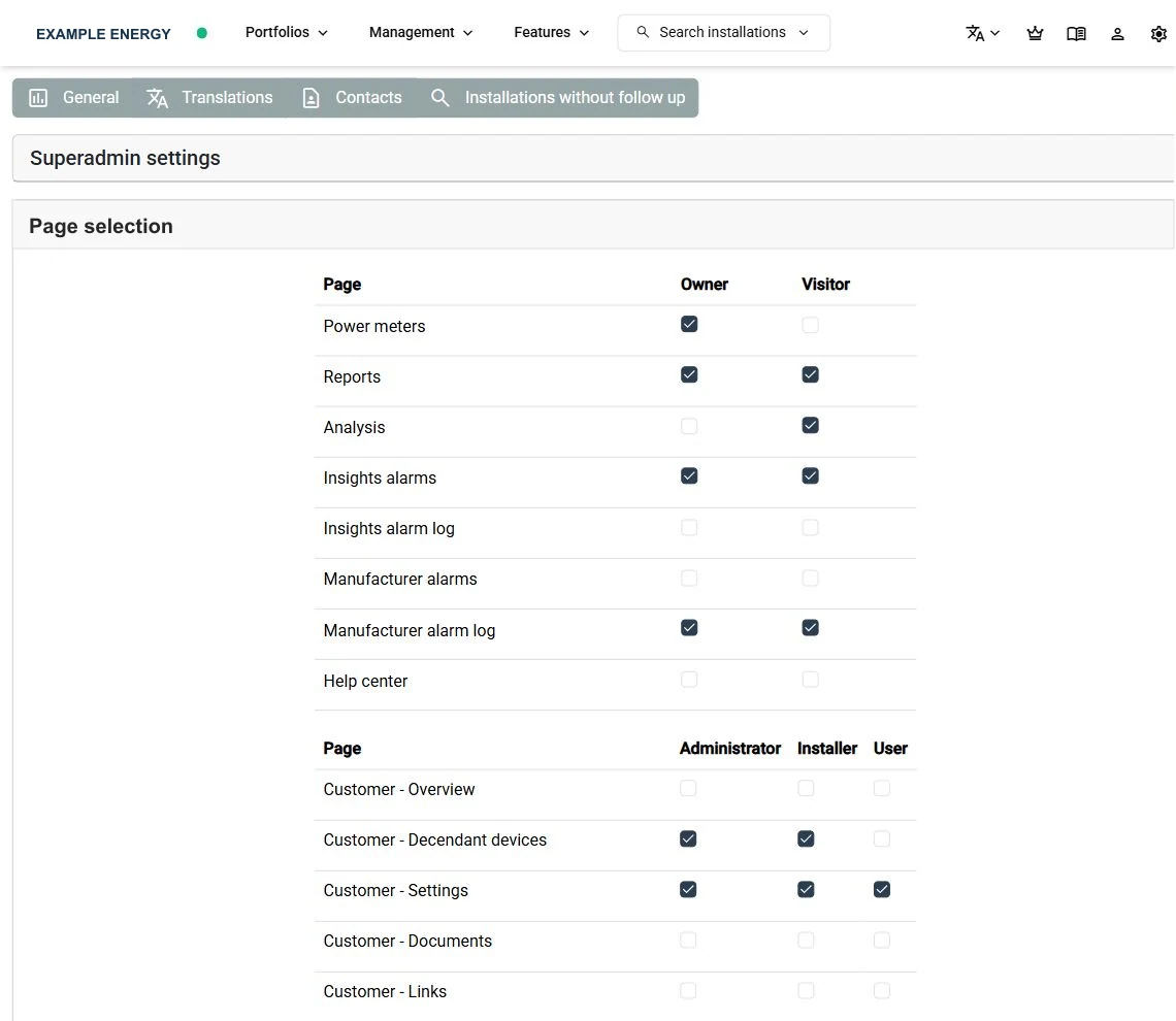 SmartgridX dashboard settings with page visibility per portal role