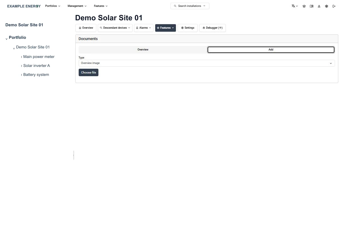 An anonymized SmartgridX document upload form for an installation