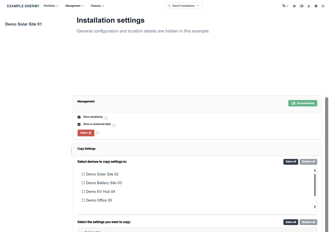 An anonymized SmartgridX installation settings page with visibility and management controls