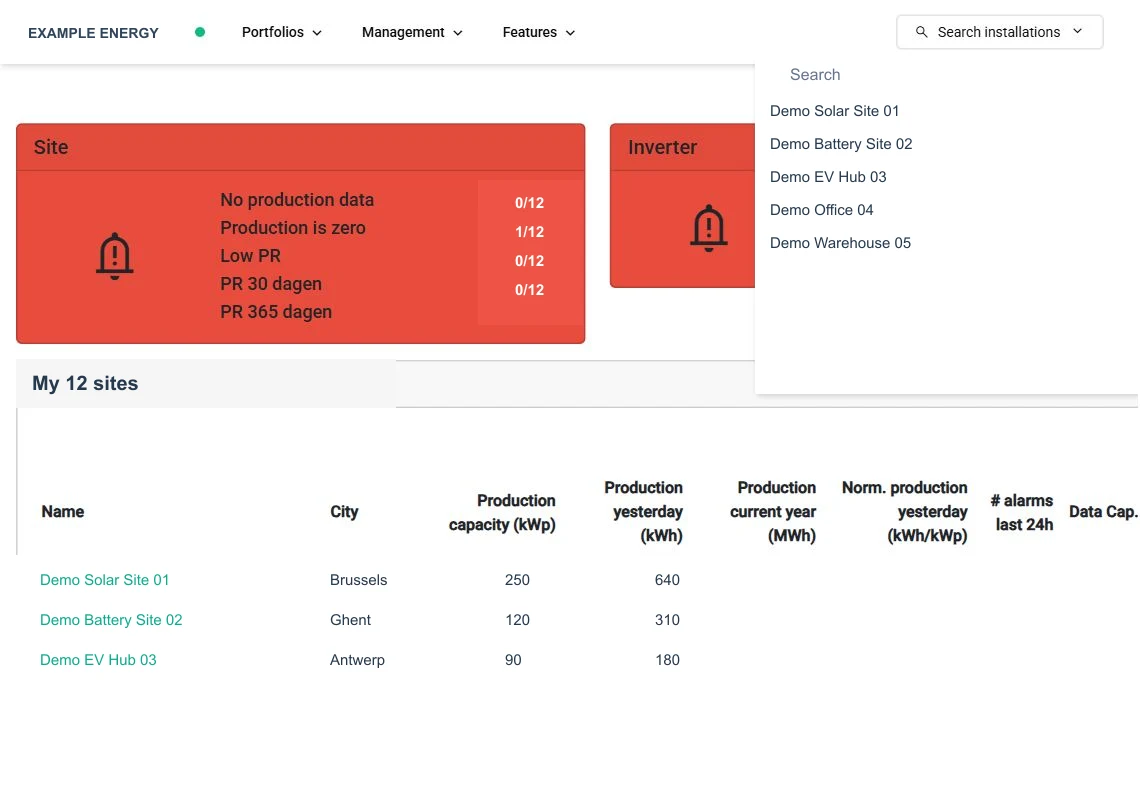 An anonymized SmartgridX installation search opened above the portfolio table