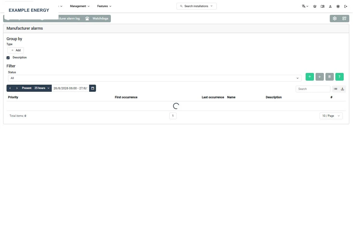 The SmartgridX manufacturer alarm log with grouping, filtering, and time controls