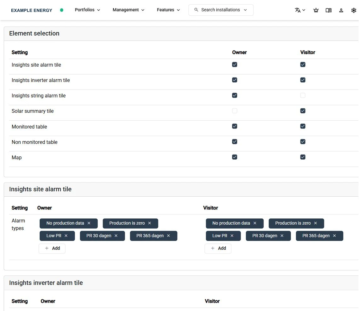 SmartgridX portfolio element selection for owner and visitor audiences