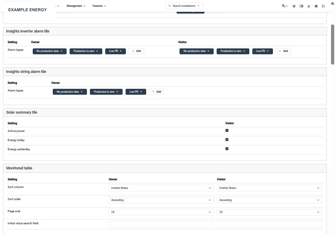 SmartgridX portfolio settings for alarm tiles, sorting, and page size