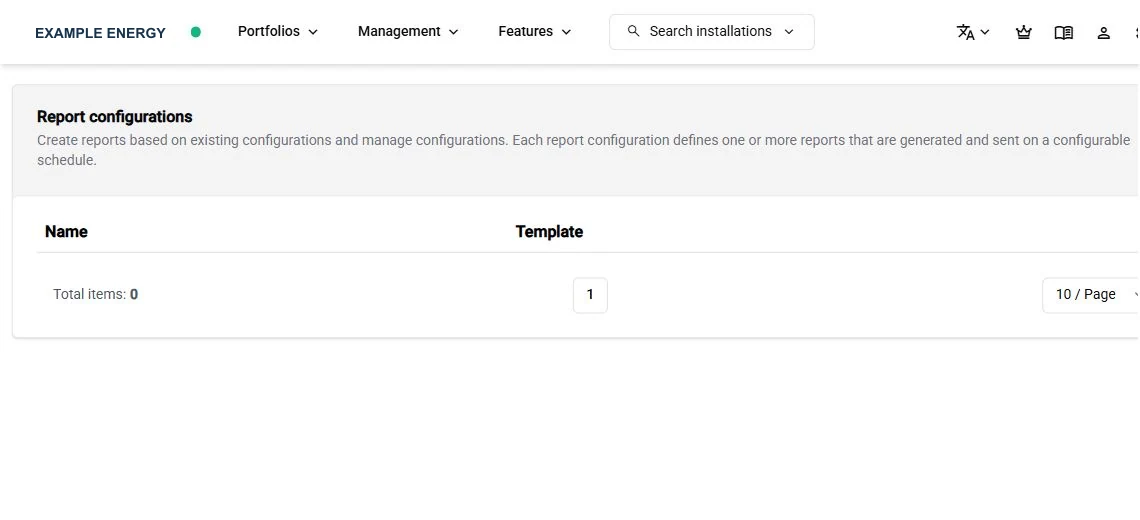 SmartgridX report-configuration page with an empty configuration list