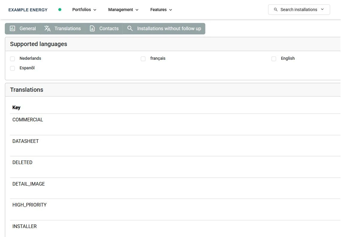 SmartgridX translation settings with supported languages and translation keys