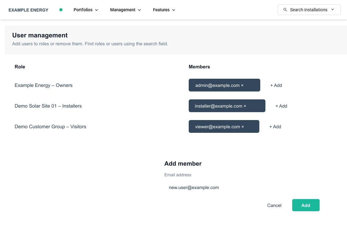 An anonymized SmartgridX role-membership example with owner, installer, and visitor roles