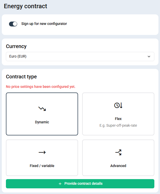 Energy settings overview with dynamic selected