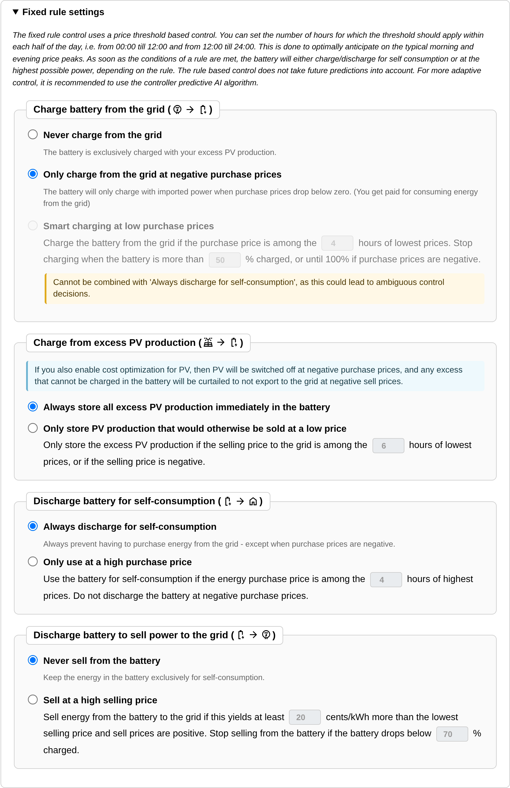 The fixed rule settings