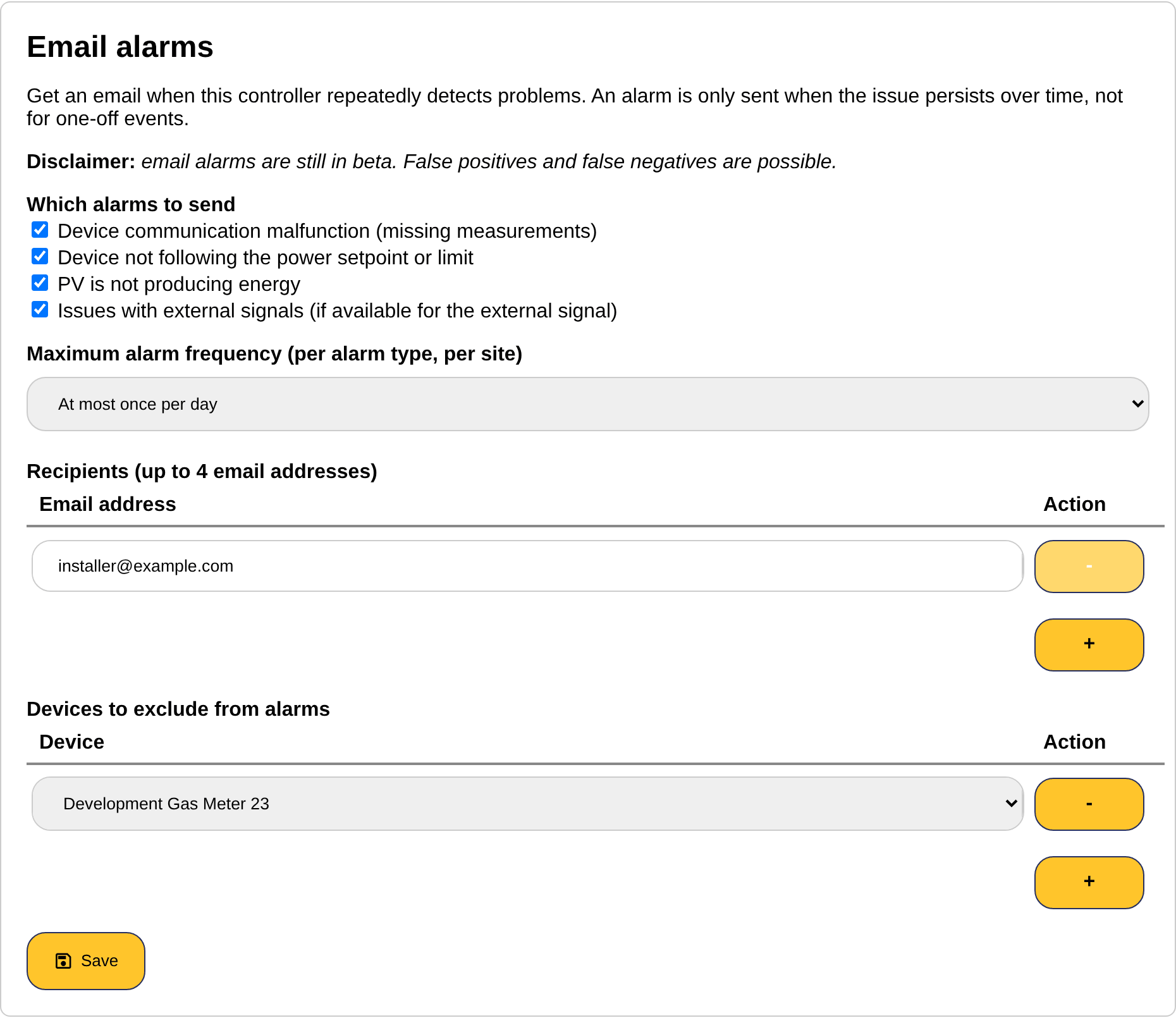 The email alarms section of the settings page