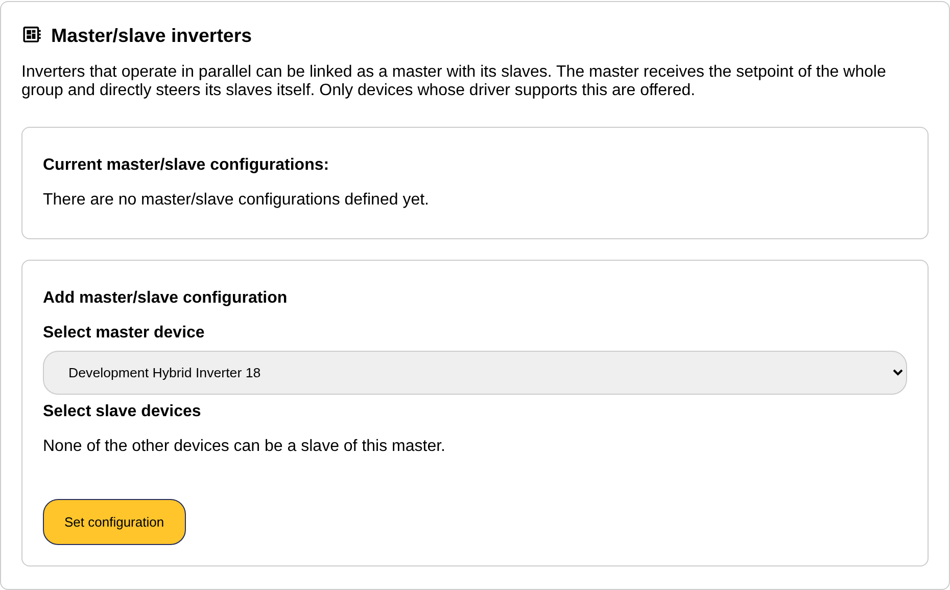 The master/slave inverters section of the groups page