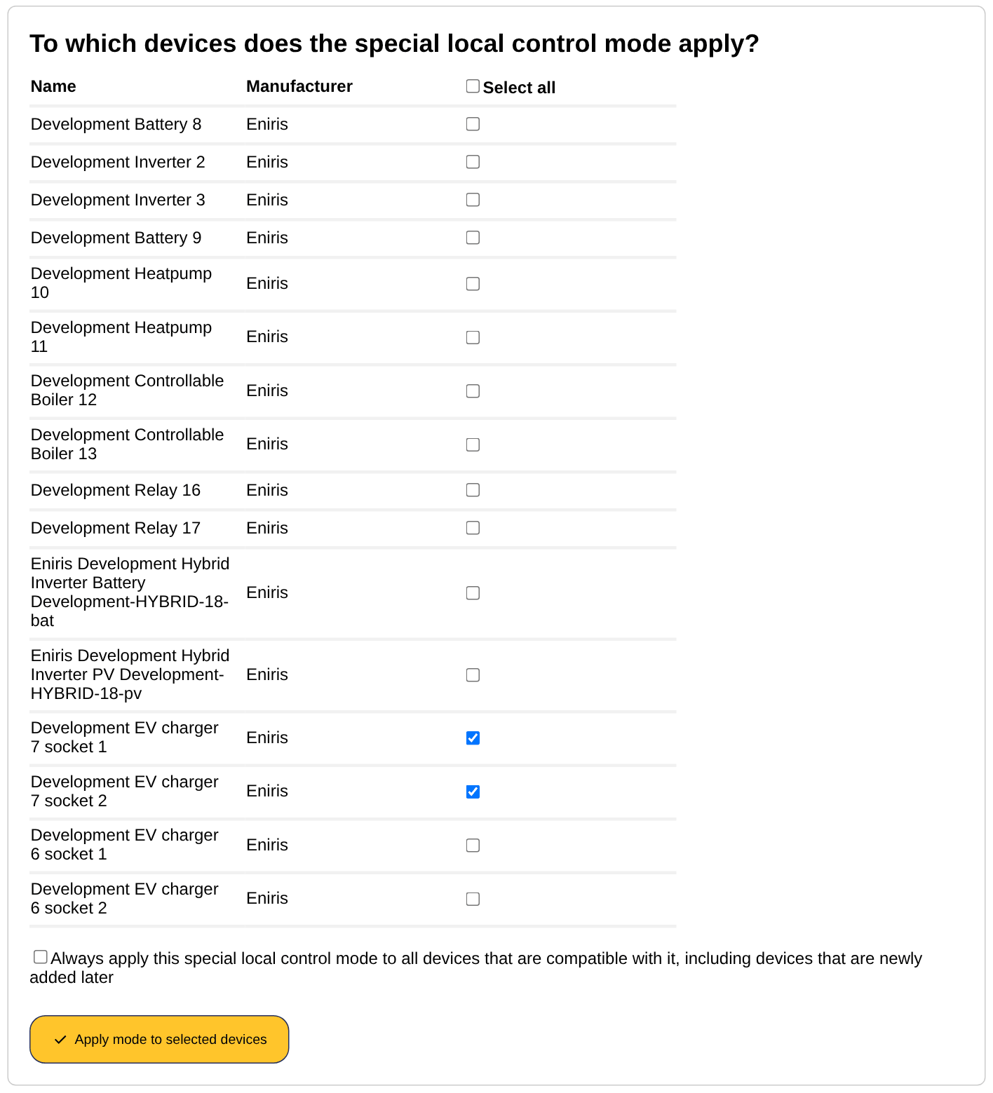 Selecting the devices of a special local control mode